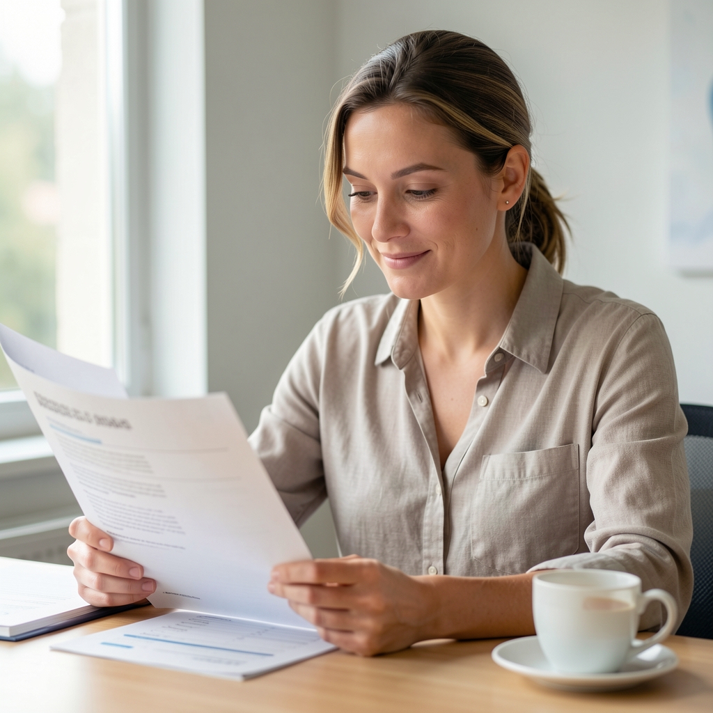 Editorial portrait of a formulation specialist reviewing nutritional documents at a clean wooden desk with natural window light and a cup of tea to the side
