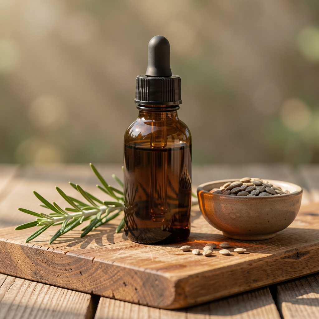Dark glass dropper bottle with plant extract tincture on a wooden board with a sprig of rosemary and a bowl of seeds in natural morning light