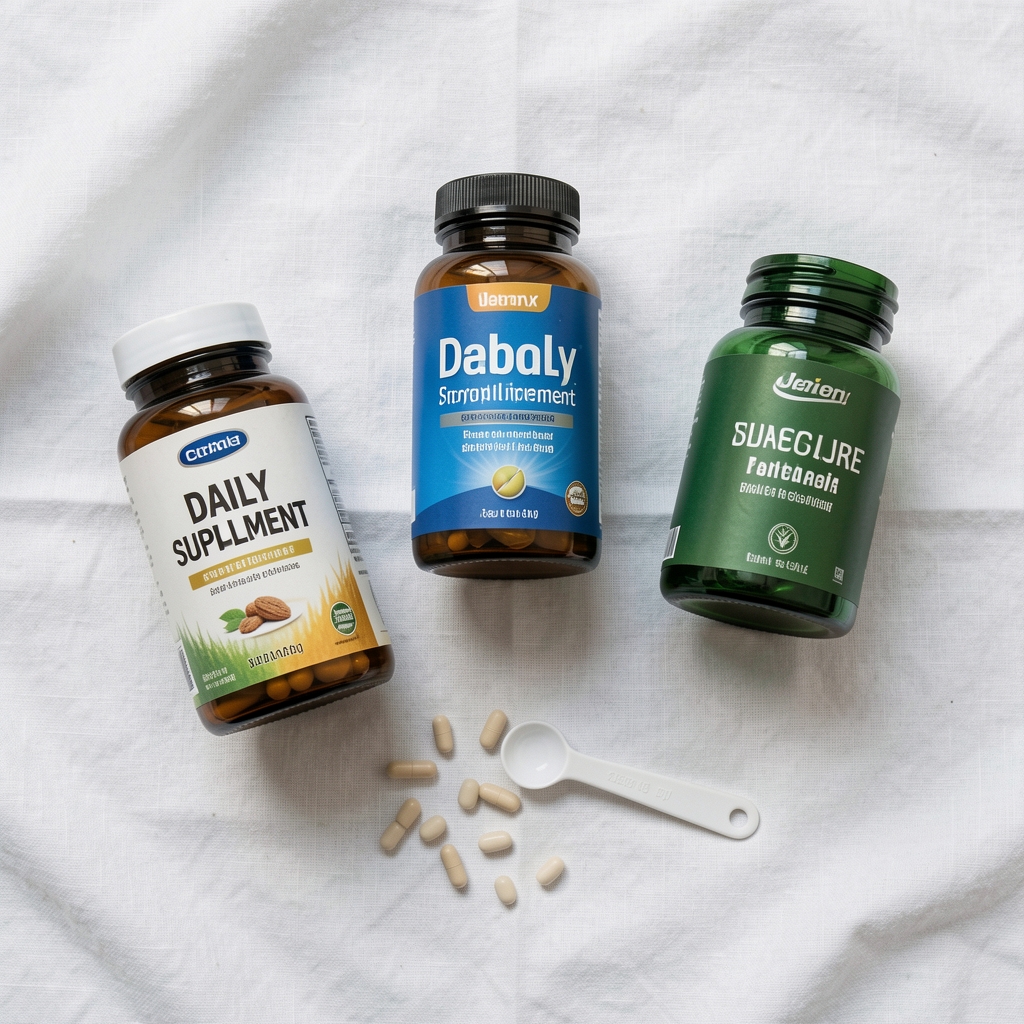 Flat-lay overhead view of a daily supplement arrangement showing three different supplement formats on a white linen cloth with a small measuring spoon