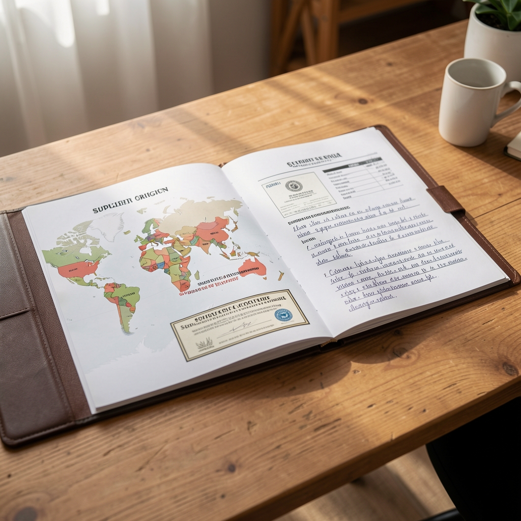 Sourcing documentation folder open on a wooden desk showing ingredient origin maps, supplier certificates, and handwritten evaluation notes in natural light